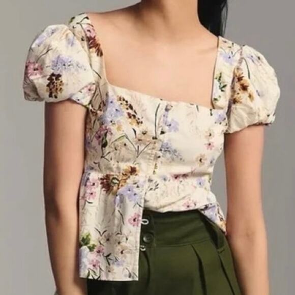 Anthropologie Tops - Anthropologie Floral Puff Sleeve Blouse - Cream and Multicolor